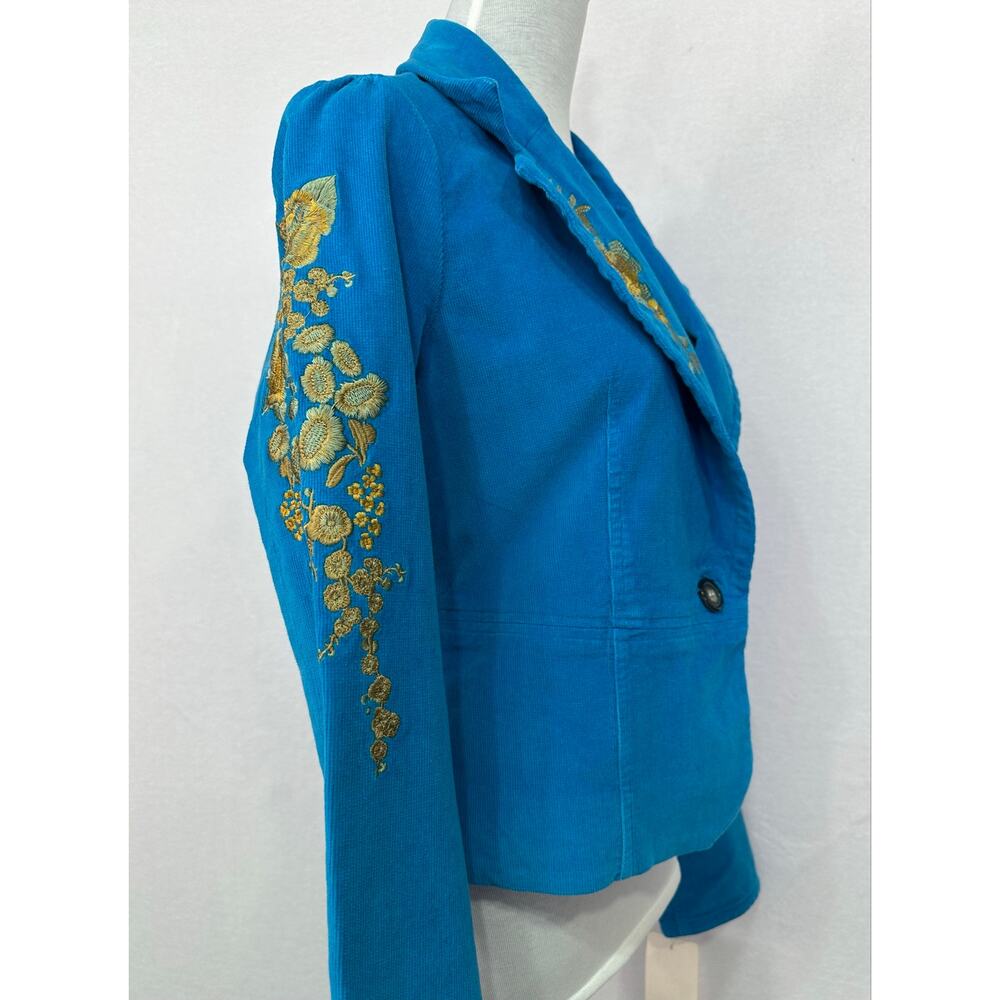 True Meaning Blue Corduroy Floral Embroidered Blazer Jacket Y2K Boho Large - Picture 3 of 12